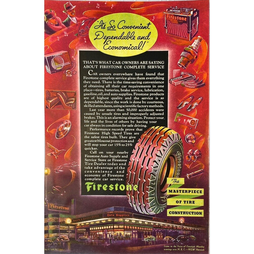 Firestone "The Masterpiece of Tire Construction" Vintage Print Ad 1936